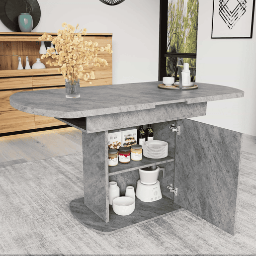 Mesa de jantar oval retrátil - com espaço de arrumação e pega prateada - Cinzento