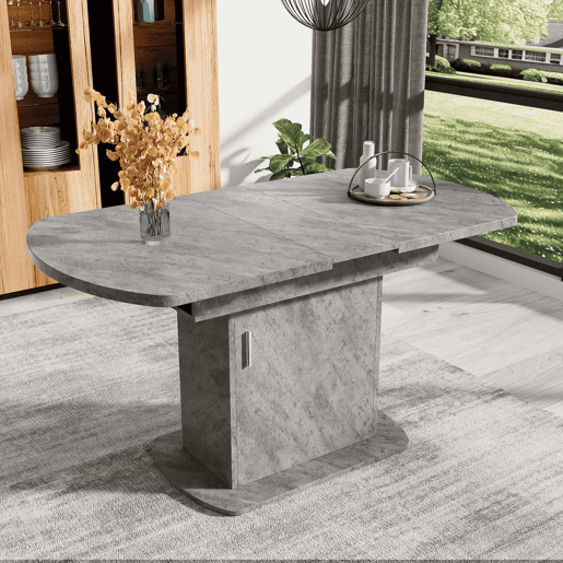 Mesa de jantar oval retrátil - com espaço de arrumação e pega prateada - Cinzento