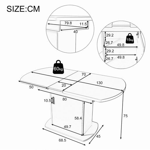 Mesa de jantar oval retrátil - com espaço de arrumação e pega prateada - Cinzento