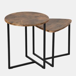 MEUBLES COSY Conjunto de 2 Mesas Ninho Industrial, Tampo MDF Efeito Carvalho, Estrutura Metálica Preta, Cantos Arredondados, 1 Redonda + 1 Triangular, Carvalho Escuro