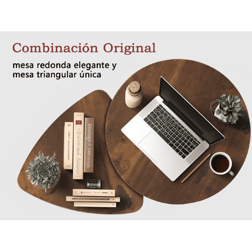 MEUBLES COSY Conjunto de 2 Mesas Ninho Industrial, Tampo MDF Efeito Carvalho, Estrutura Metálica Preta, Cantos Arredondados, 1 Redonda + 1 Triangular, Carvalho Escuro