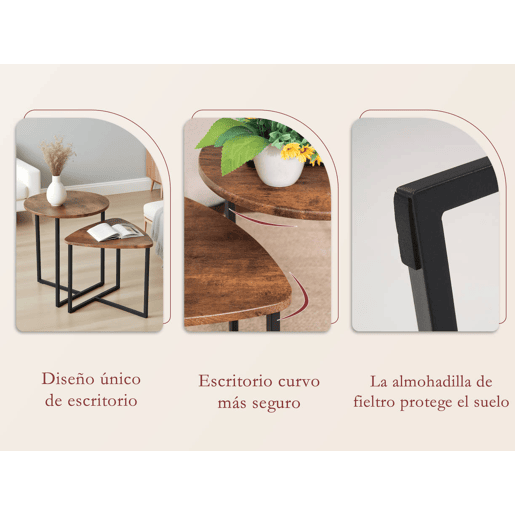MEUBLES COSY Conjunto de 2 Mesas Ninho Industrial, Tampo MDF Efeito Carvalho, Estrutura Metálica Preta, Cantos Arredondados, 1 Redonda + 1 Triangular, Carvalho Escuro