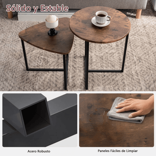 MEUBLES COSY Conjunto de 2 Mesas Ninho Industrial, Tampo MDF Efeito Carvalho, Estrutura Metálica Preta, Cantos Arredondados, 1 Redonda + 1 Triangular, Carvalho Escuro