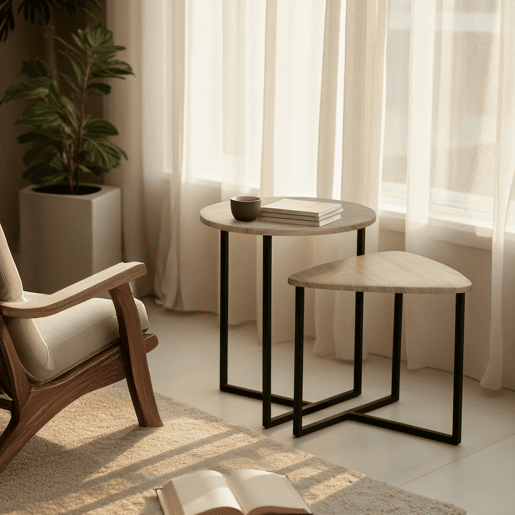 MEUBLES COSY Conjunto de 2 Mesas Ninho Industrial, Tampo MDF Efeito Carvalho, Estrutura Metálica Preta, Cantos Arredondados, 1 Redonda + 1 Triangular, Carvalho Escuro