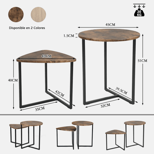 MEUBLES COSY Conjunto de 2 Mesas Ninho Industrial, Tampo MDF Efeito Carvalho, Estrutura Metálica Preta, Cantos Arredondados, 1 Redonda + 1 Triangular, Carvalho Escuro