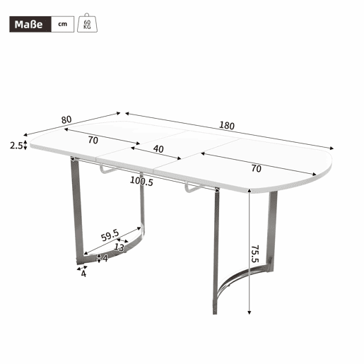 Mesa de jantar extensível para 4 a 6 pessoas em MDF - 140180 x 80 cm - Branco