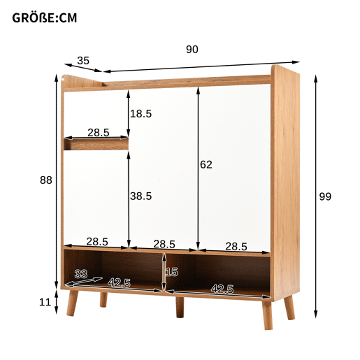 Sapateira de painel de partículas com 3 portas,natural+branco