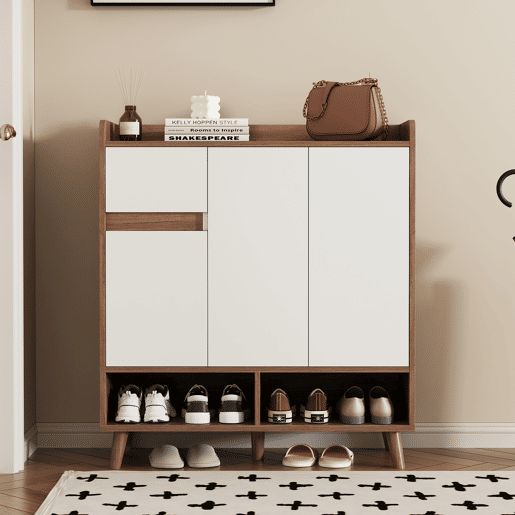 Sapateira de painel de partículas com 3 portas,natural+branco