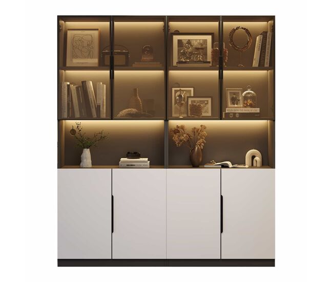 Vitrina moderna 30x160x200 cm - puertas de vidrio, con led, temperatura de color ajustable - blanco con decoración negravitrina moderna 30x160x200 cm