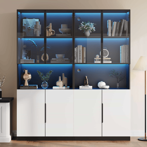 Vitrine moderna 30x160x200 cm - Portas de vidro, com LED, temperatura de cor ajustável - Branco com decoração preta Vitrine moderna 30x160x200 cm - Portas de vidro, com LED, temperatura de cor ajustável - Branco com decoração preta