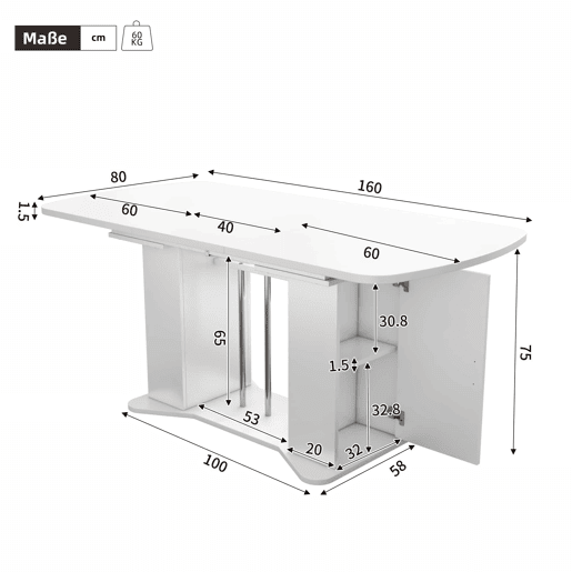 Mesa de jantar extensível com arrumação para 4 a 6 pessoas - 120160 x 80 cm - em MDF - Branco
