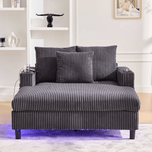 Poltrona chaise longue grande - Com porta-copos laterais, portas USB, iluminação LED ambiente - Cinza escuro