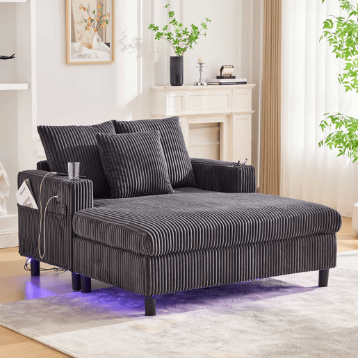 Poltrona chaise longue grande - Com porta-copos laterais, portas USB, iluminação LED ambiente - Cinza escuro