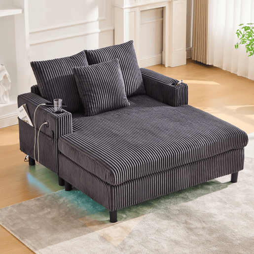 Poltrona chaise longue grande - Com porta-copos laterais, portas USB, iluminação LED ambiente - Cinza escuro