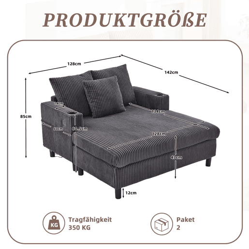 Poltrona chaise longue grande - Com porta-copos laterais, portas USB, iluminação LED ambiente - Cinza escuro
