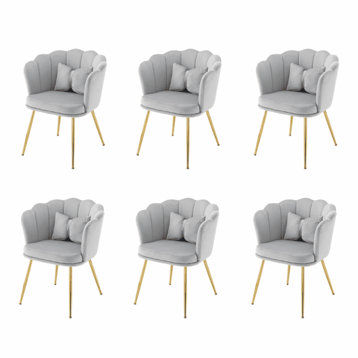 Conjunto de 6 cadeiras modernas em veludo - Com encosto em forma de pétalas e pernas metálicas douradas - Cinza