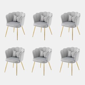 Conjunto de 6 cadeiras modernas em veludo - Com encosto em forma de pétalas e pernas metálicas douradas - Cinza