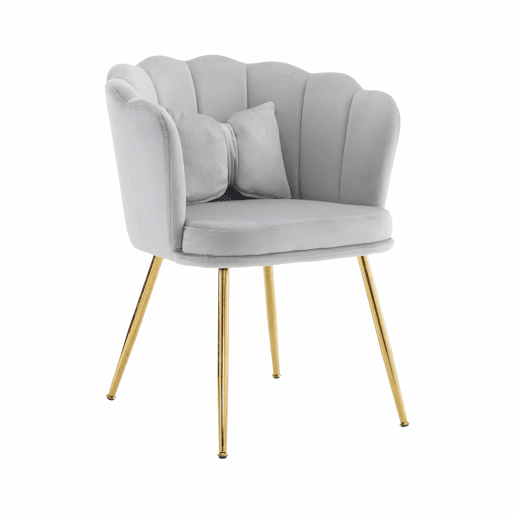Conjunto de 6 cadeiras modernas em veludo - Com encosto em forma de pétalas e pernas metálicas douradas - Cinza