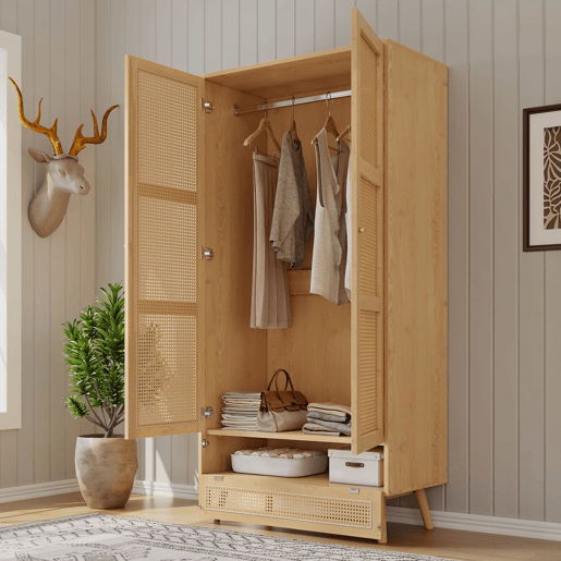 Armário com barra e 2 portas - Com tampa inferior rebatível, design em vime - Cor natural
