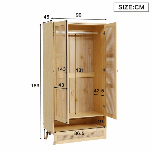 Armário com barra e 2 portas - Com tampa inferior rebatível, design em vime - Cor natural
