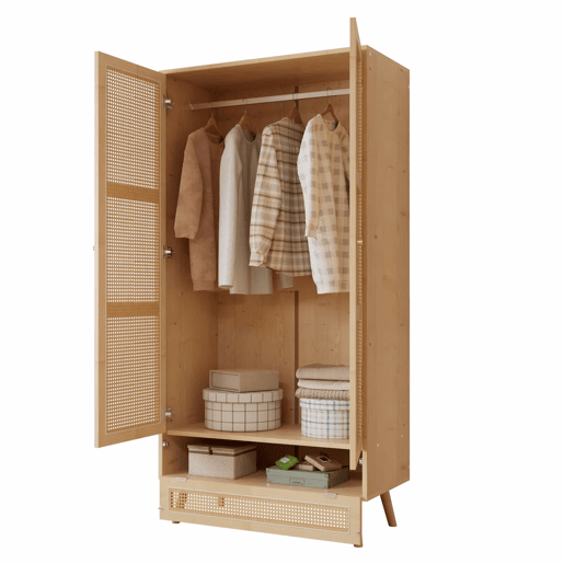 Armário com barra e 2 portas - Com tampa inferior rebatível, design em vime - Cor natural