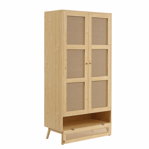 Armário com barra e 2 portas - Com tampa inferior rebatível, design em vime - Cor natural