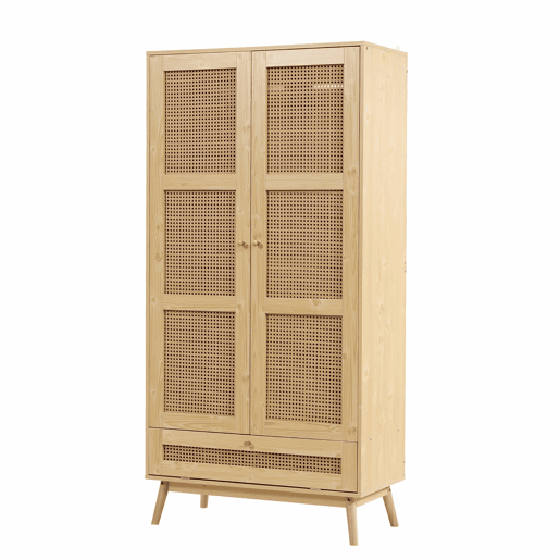 Armário com barra e 2 portas - Com tampa inferior rebatível, design em vime - Cor natural