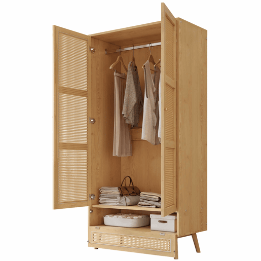 Armário com barra e 2 portas - Com tampa inferior rebatível, design em vime - Cor natural