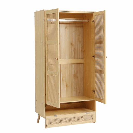 Armário com barra e 2 portas - Com tampa inferior rebatível, design em vime - Cor natural