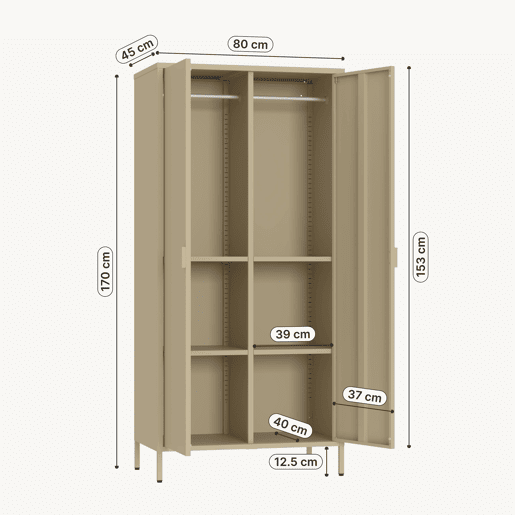 Roupeiro Esteli 2 varões 4 prateleiras reguláveis aço 170x80x45 cm Camel en.casa