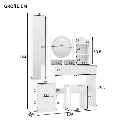 Toucador de painel de partículas com espelho e 4 gavetas,branco