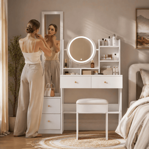 Toucador de painel de partículas com espelho e 4 gavetas,branco