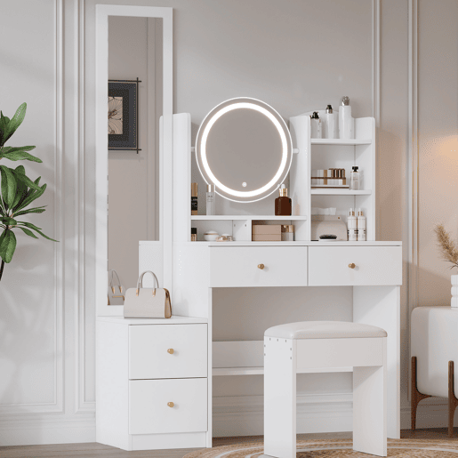 Toucador de painel de partículas com espelho e 4 gavetas,branco