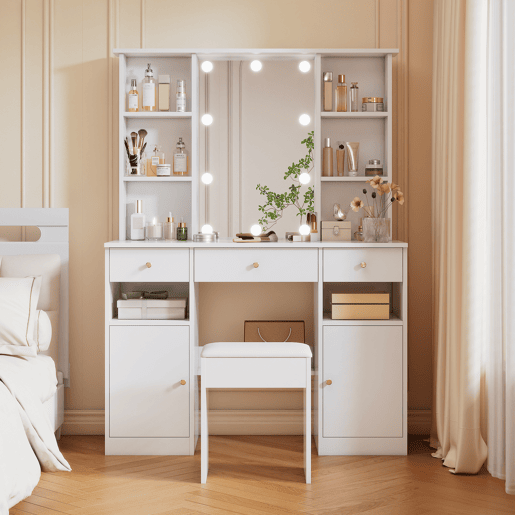 Toucador de painel de partículas com espelho e 3 gavetas,branco