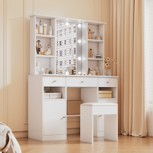 Toucador de painel de partículas com espelho e 3 gavetas,branco