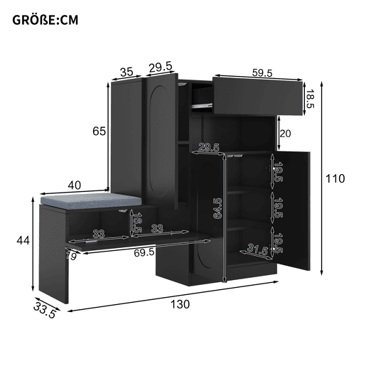 Sapateira de painel de partículas com 3 portas,preto