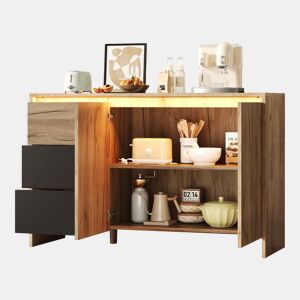 Aparador de painel de partículas com 2 portas,3 gavetas e luz led,natural+preto