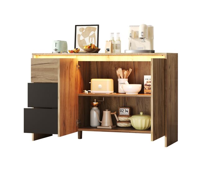 Aparador de panel de partículas con 2 puertas,3 cajones y luz led,natural+negro