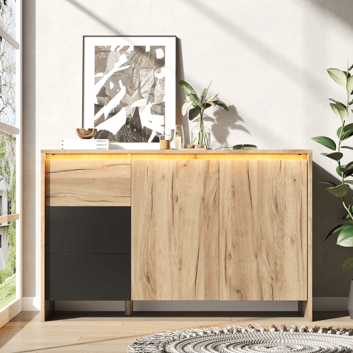 Aparador de painel de partículas com 2 portas,3 gavetas e luz led,natural+preto