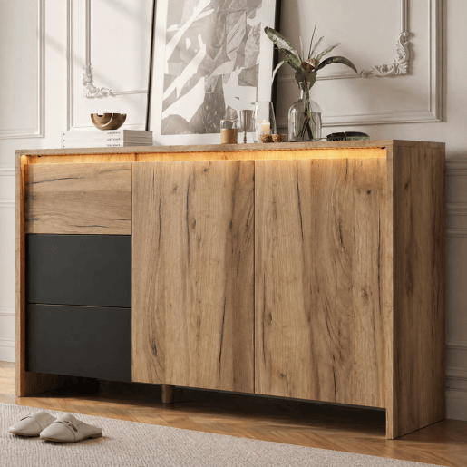 Aparador de painel de partículas com 2 portas,3 gavetas e luz led,natural+preto