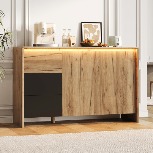Aparador de painel de partículas com 2 portas,3 gavetas e luz led,natural+preto