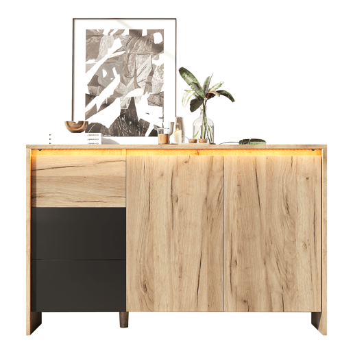 Aparador de painel de partículas com 2 portas,3 gavetas e luz led,natural+preto