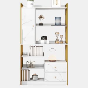 Estante com 5 prateleiras, 1 porta e 2 gavetas - Estilo industrial - Branco e dourado