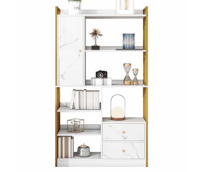 Librería con 5 estantes, 1 puerta y 2 cajones - estilo industrial - blanco y dorado