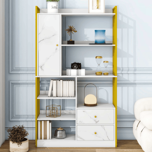 Estante com 5 prateleiras, 1 porta e 2 gavetas - Estilo industrial - Branco e dourado