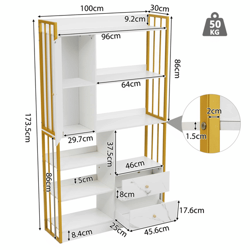 Estante com 5 prateleiras, 1 porta e 2 gavetas - Estilo industrial - Branco e dourado