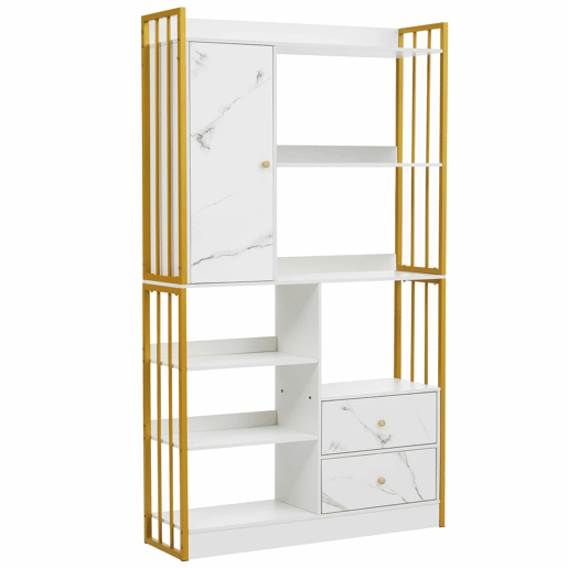 Estante com 5 prateleiras, 1 porta e 2 gavetas - Estilo industrial - Branco e dourado
