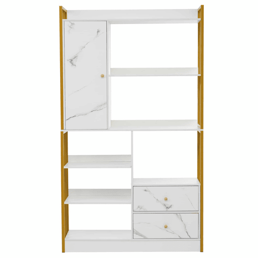 Estante com 5 prateleiras, 1 porta e 2 gavetas - Estilo industrial - Branco e dourado