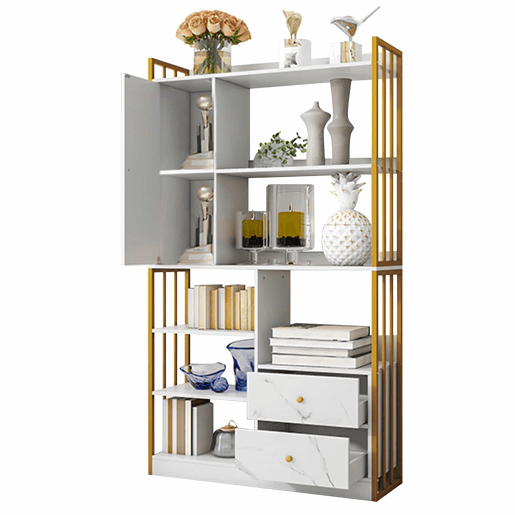 Estante com 5 prateleiras, 1 porta e 2 gavetas - Estilo industrial - Branco e dourado