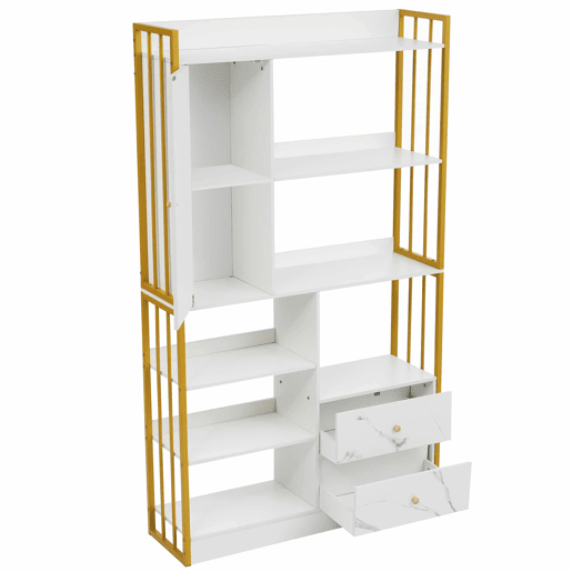 Estante com 5 prateleiras, 1 porta e 2 gavetas - Estilo industrial - Branco e dourado